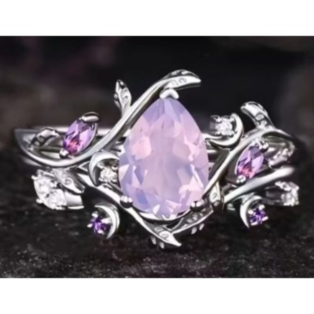 Pear Cut lavender amethyst & moissanite engagement wedding ring set in Titanium